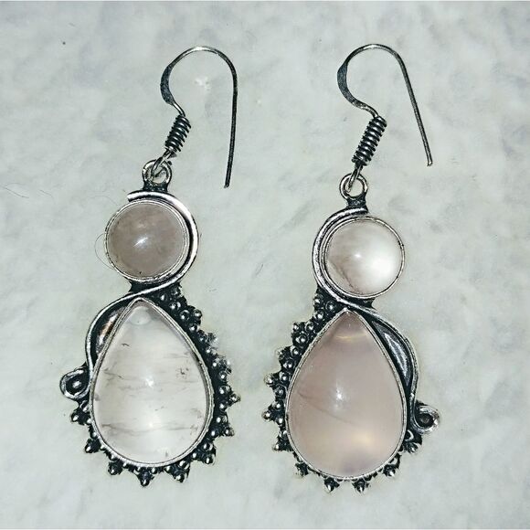 Pink Genuine Rose Quartz Earrings ~ Set in Genuine 92.5 Sterling Silver ~ NEW - Picture 2 of 5